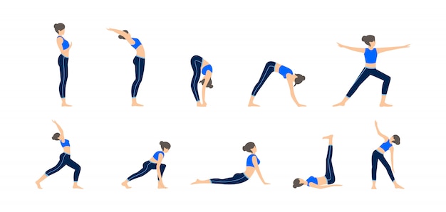 Set van meisjes in verschillende houdingen van yoga. Verschillende oefeningillustratie