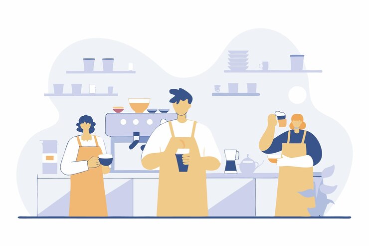 Vector set van mensen barista's die koffie maken in een koffieshop of café illustratie kunst op witte achtergrond