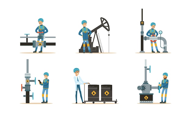 Set van mensen die in de olie-industrie werken Oliebedrijven die werken aan pijpleidingen voor olie- en gasproductie Cartoon Vector Illustratie