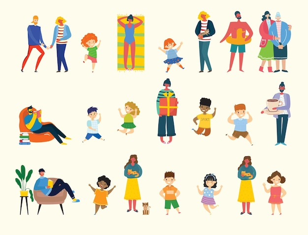 Set van mensen, kinderen, mannen en vrouwen met verschillende tekens. Vector grafische objecten voor collages en illustraties. Moderne kleurrijke vlakke stijl.