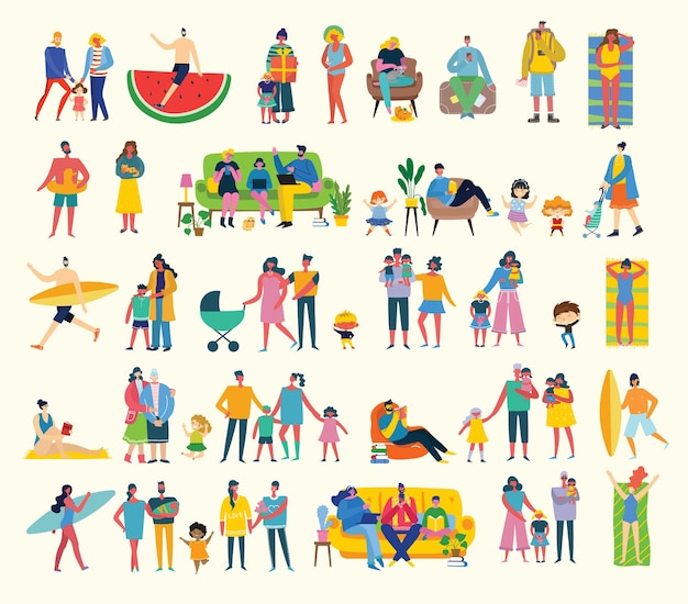 Set van mensen, mannen en vrouwen met verschillende tekens. Vector grafische objecten voor collages en illustraties. Moderne kleurrijke vlakke stijl.