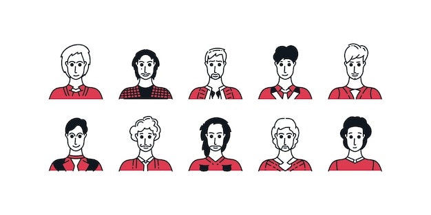 Set van mensenavatars met minimale cartoonstijl en verschillende uitdrukkingen mannelijke personagecollectie