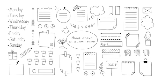 Vector set van met de hand getekende bullet journal elementen doodle stijl doodles vector illustratie