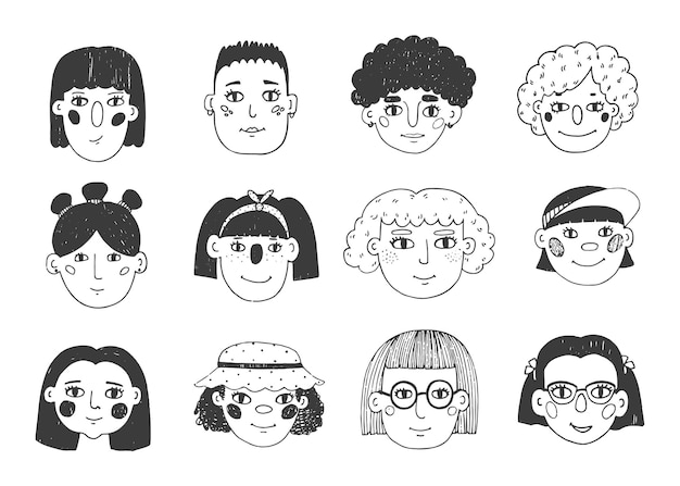 set van met de hand getekende doodle vrouwelijke portretten linocut schattige doodle gezichten samenleving doodle vector illustratie