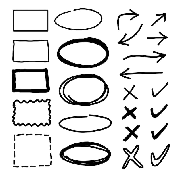 Set van met de hand getekende elementen voor het selecteren van tekst Met de hand geteken frames cirkel en pijlen op witte achtergrond