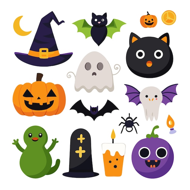 Set van met de hand getekende Halloween-elementencollecties