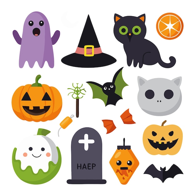 Set van met de hand getekende Halloween-elementencollecties
