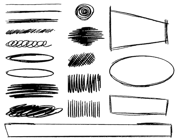 Vector set van met de hand getekende krabbelende tekens geïsoleerd op witte doodle stijl geschetste frames strepen