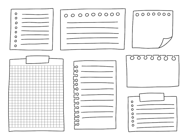 Vector set van met de hand getekende memo papieren vellen en kleverige notities doodle schetspapier lege notities vector set