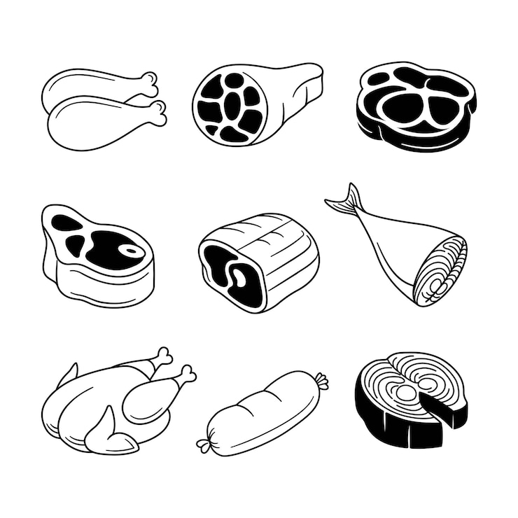 Vector set van met de hand getekende vectorillustraties van vleesdoodles