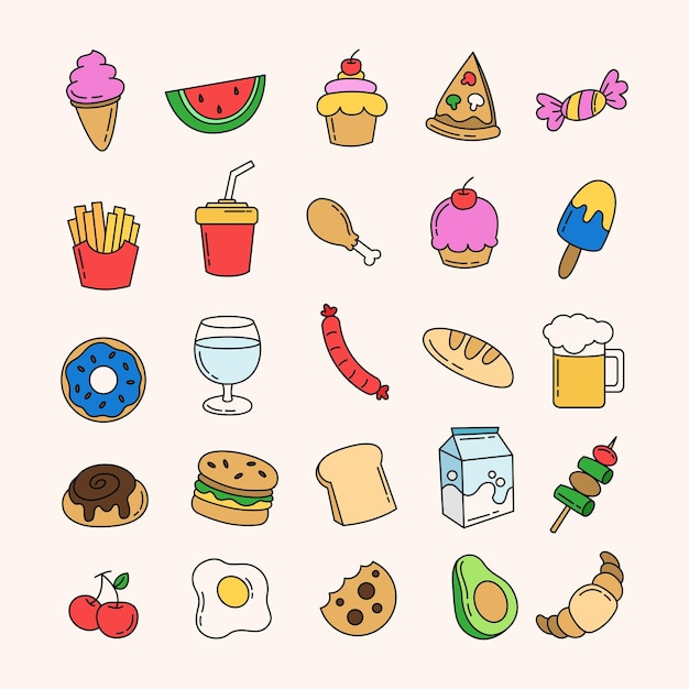 Set van met de hand getekende voedseldoodle vector