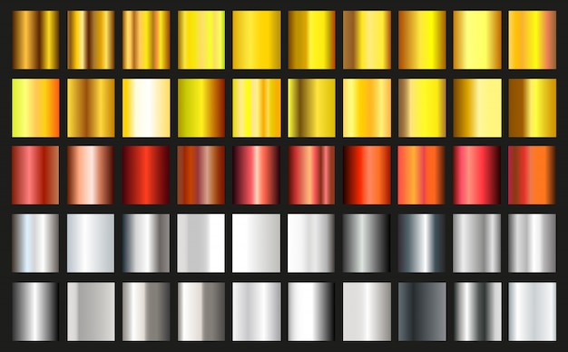 Set van metalen verlopen. Verzameling goud, zilver en brons gradiënteffecten. Vector