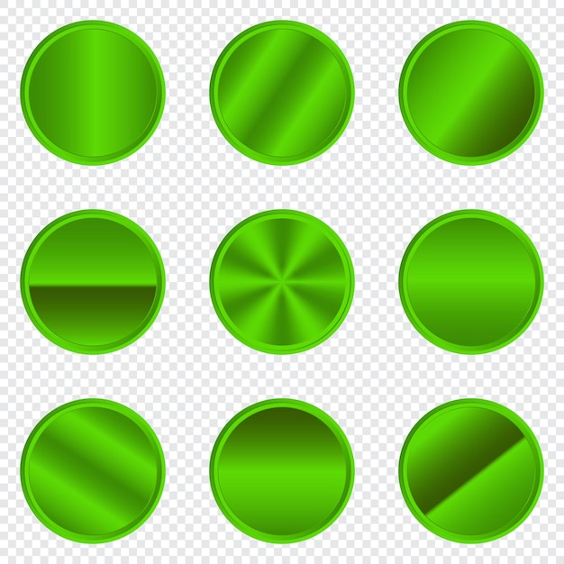 Set van metallic groene cirkels Luxe metallic groene cirkel knop Metallic groene cirkel Realistische metalen knop Groene cirkels collectie Vectorillustratie