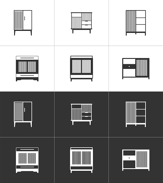Set van meubels platte iconen Nachtkasten nachtkastjes Zwart en wit