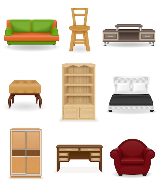 Vector set van meubilair vectorillustratie. bank, bed, stoel, bureau, kast