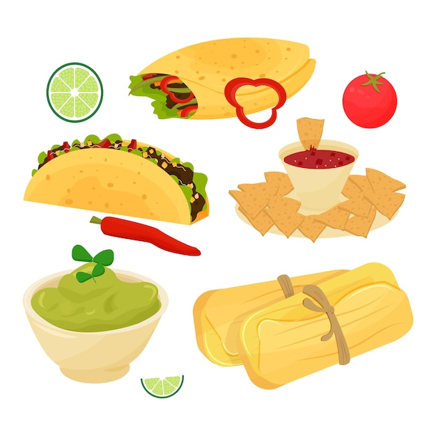 Set van Mexicaanse gerechten eten taco burrito guacamole tamale nacho's versierd met limoentomaat