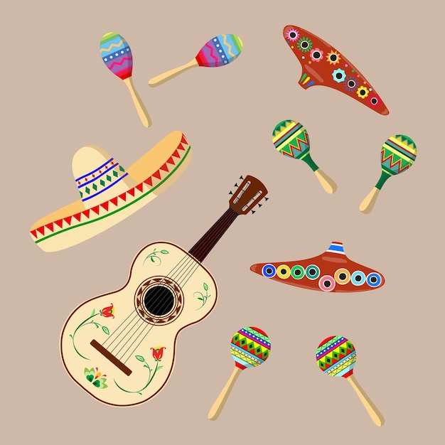 Vector set van mexicaanse traditionele instrumenten platte vector etnische instrumenten mexicaanse traditionele cultuur
