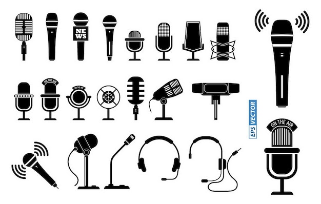 set van microfoonpictogram of microfoon die op het podium staat of klassiek microfoonconcept eps vector