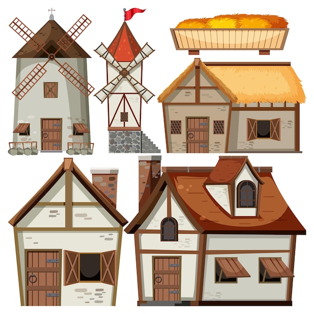 Set van middeleeuws huis en object cartoon