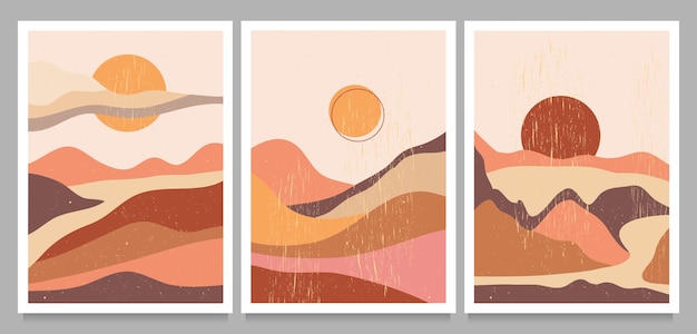 Set van midden van de eeuw modern minimalistisch. abstracte aard, zee, lucht, zon, rock berglandschap poster.