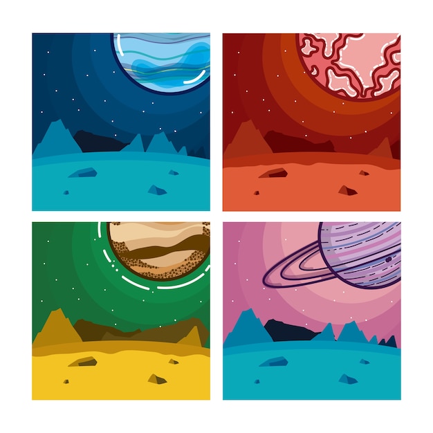 Vector set van milkyway-planeten in vierkante kleurrijke frames