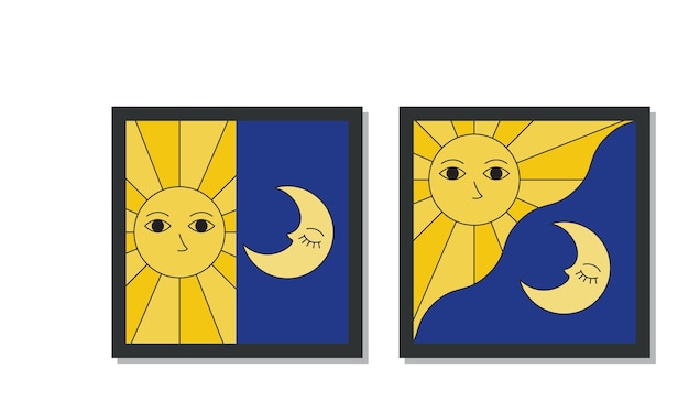 Set van Minimal Wall Art Sun Moon met zwarte omtrek