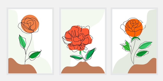 Set van minimalistische abstracte achtergrond met roze bloemen lijntekeningen