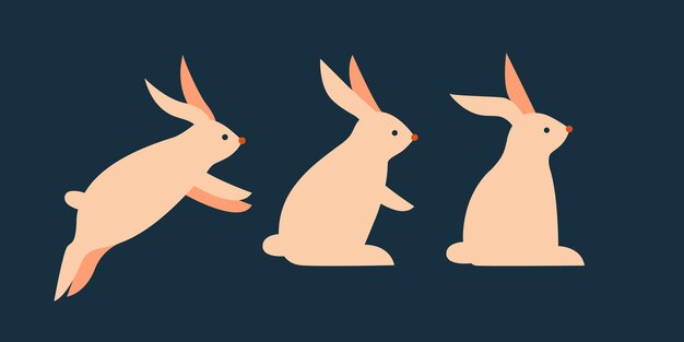 Vector set van minimalistische illustraties met konijnen in verschillende poses staande zittende springende konijnen