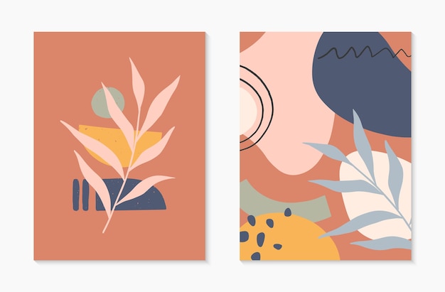 Set van moderne abstracte vectorillustraties uit het midden van de eeuw met organische vormen en planten