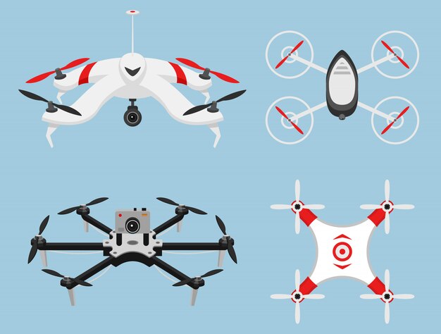 Set van moderne air drones en afstandsbediening. wetenschap en moderne technologieën. illustratie.