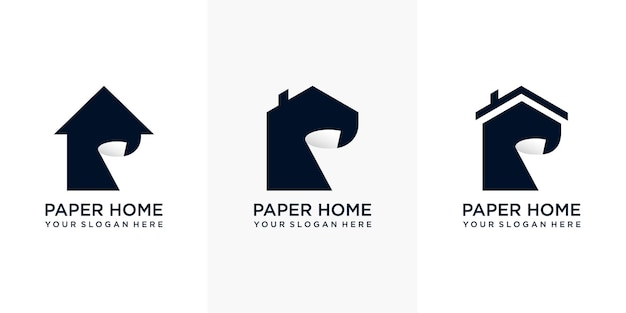 Set van moderne eenvoudige huispapier logo ontwerpen met visitekaartje.wapen van een papiermolen.de appel als een rol papier. Premium Vector