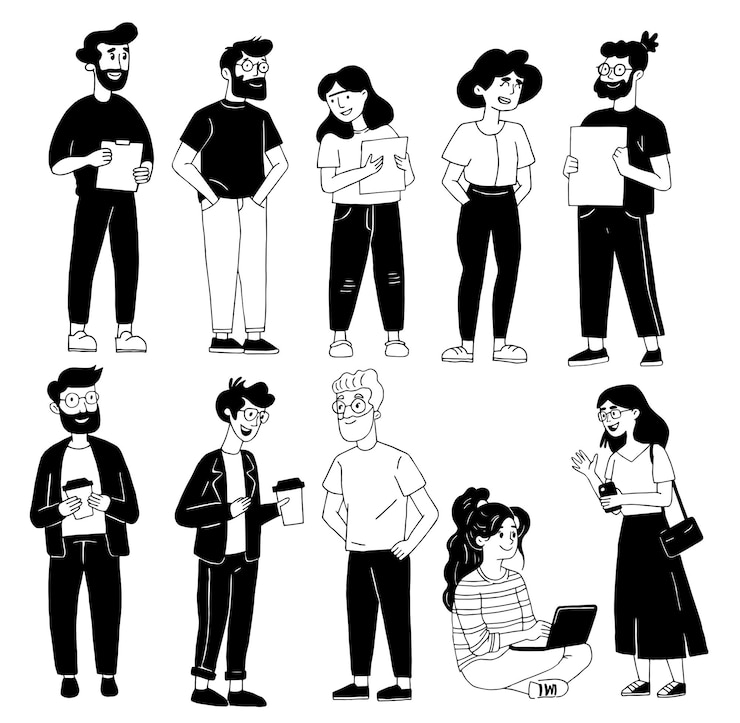 Vector set van moderne jonge mensen arbeiders en collega's vector tekening in eenvoudige lineaire stijl vlak