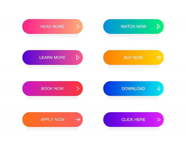 Set van moderne materiaalstijlknoppen voor website, mobiele app en infographic. Verschillende verloopkleuren.