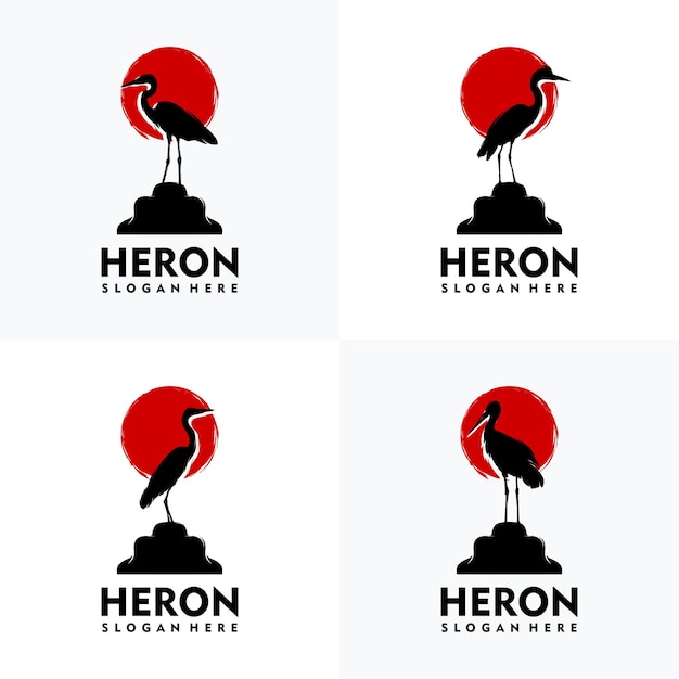 Set van moderne reiger logo silhouet stijl met rode achtergrond