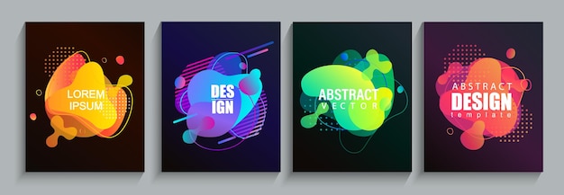 Set van moderne vloeibare abstracte geometrische vormen op donkere achtergrondFluid dynamische gradiëntelementen voor bannerlogosocial postsjabloon voor uw ontwerpflyer of presentatiepostervectorillustratie