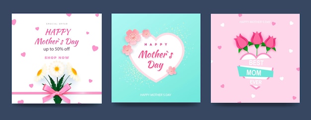 Set van moederdag kaarten met hartjes en lentebloemen in pastel kleuren hartvormige vector liefde symbolen voor moederdag wenskaart ontwerp vectorillustratie