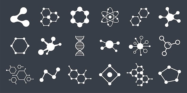 Set van molecuul badge. Verbonden zeshoekige molecuul badge. Moleculaire structuur. DNA-verbindingsdiagram. Medisch label of pictogrammen. Vector illustratie.