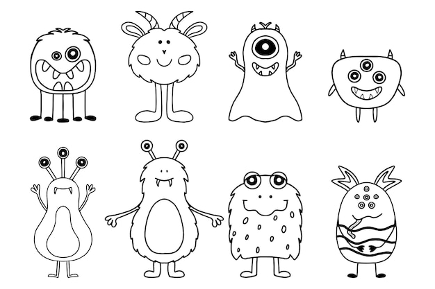 Set van monsters en aliens Leuke handgetekende monsters in Scandinavische stijl Doodle aliens Vector illustration