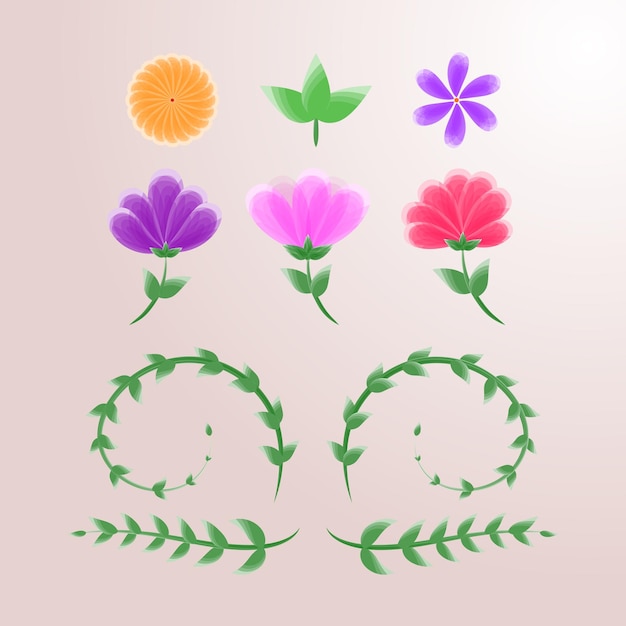 Set van mooie bloemen met takken en bladeren Gratis Vector