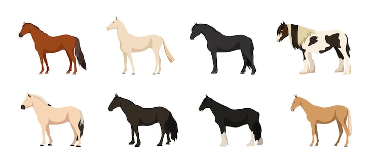 Vector set van mooie en schattige paarden op witte achtergrond vector don paard akhalteke friese zigeuner fjord mustang en graafschap in cartoon stijl