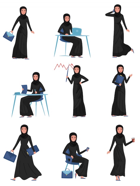 set van moslim zakenvrouw in verschillende acties. Werk op kantoor. Schattig meisje in lange zwarte jurk en hijab