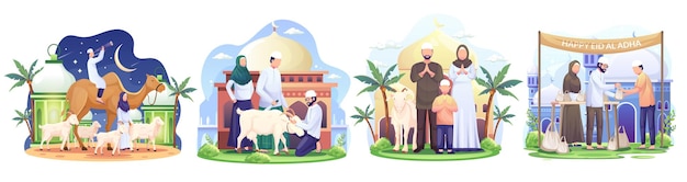 Vector set van moslimfamilie viert eid al adha mubarak met geiten in een afbeelding van een voorste moskee