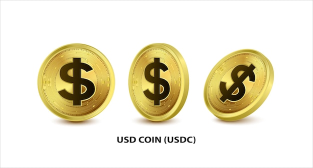 Set van munten Goud USD Munt USDC Symbool Digitale valuta Cryptocurrency Geïsoleerd op witte achtergrond