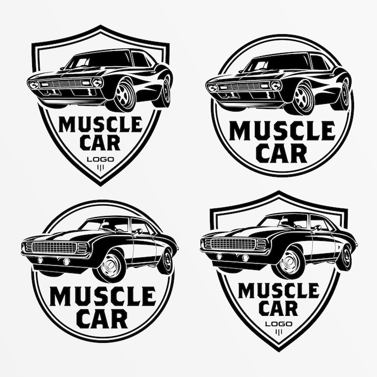 Vector set van muscle car-logo, emblemen, badges. service auto reparatie, auto restauratie en auto club ontwerpelementen. vector.