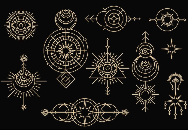 Set van mystieke magische symbolen occulte tarot tekens en spirituele emblemen met zon maan en sterren allesziende oog stammerken vector