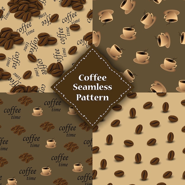 Set van naadloze patronen met bonen en kopjes koffie.