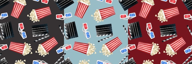 Set van naadloze patronen met verschillende handgetekende bioscoopelementen op kleurrijke achtergrond