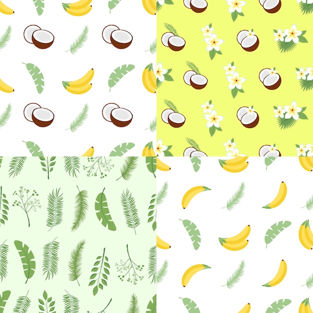 Set van naadloze zomerpatronen. achtergronden met bladeren van een palmboom, fruit, bloemen en kokosnoten. vector illustratie. makkelijk te gebruiken voor achtergrond, textiel, verpakkingspapier, muurplaten.