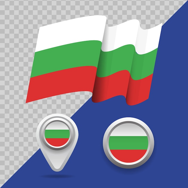 Set van nationale vlag van bulgarije. 3d vlag van bulgarije, kaartmarkeringen en embleem op transparante vectorillustratie als achtergrond