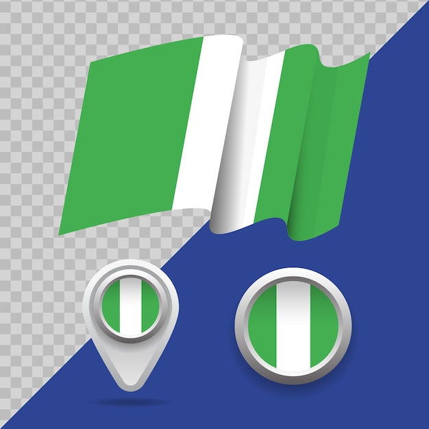 Set van nationale vlag van Nigeria. 3D vlag van Nigeria, kaartmarkeringen en embleem op transparante vectorillustratie als achtergrond